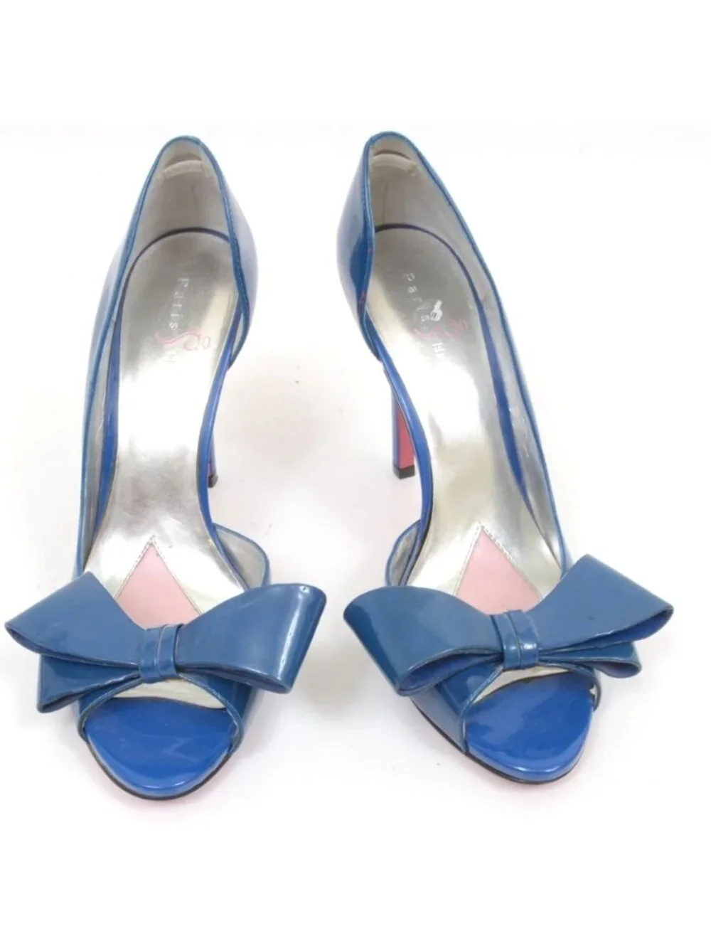 Paris Hilton Women’s 10M Blue Patent Leather Bow Open Toe Stiletto Heels PinUp